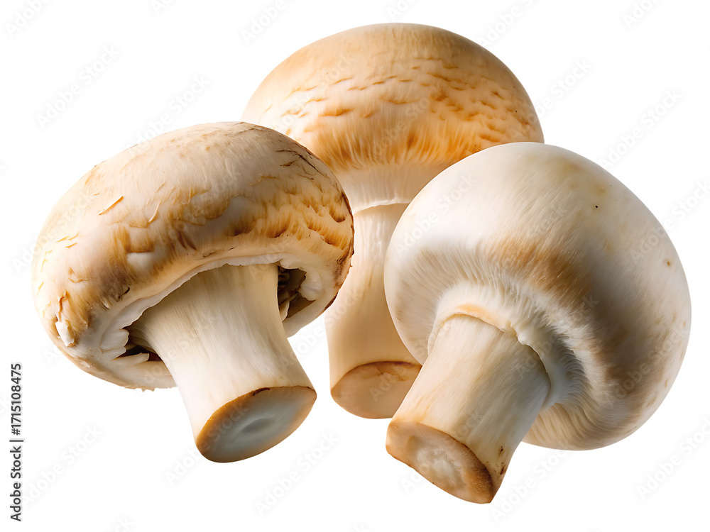 Fototapeta premium Three white and brown mushrooms on isolated on a transparent background food