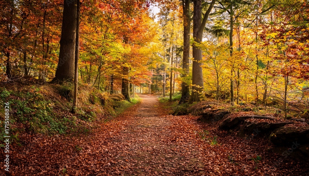 Obraz premium Stylized Autumn Woodland Path With Vibrant Foliage