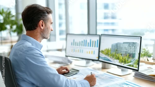 Real estate investment analysis workspace financial charts and market data on large monitors property portfolio spreadsheets architectural renderings of development projects