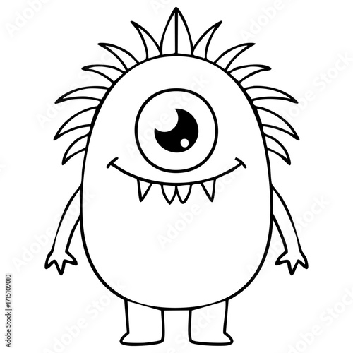 Funny cartoon cyclops monster with spikes and single eye, cute fantasy creature illustration, adorable character design for kids coloring book and creative projects