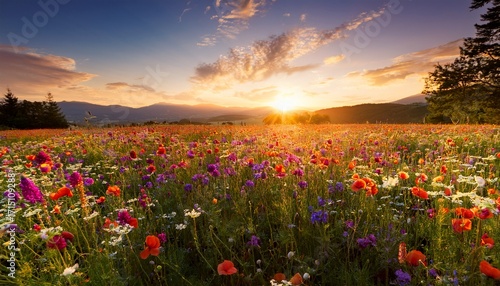Vibrant Field Of Wildflowers In Full Bloom Under A Golden Sunset In Nature