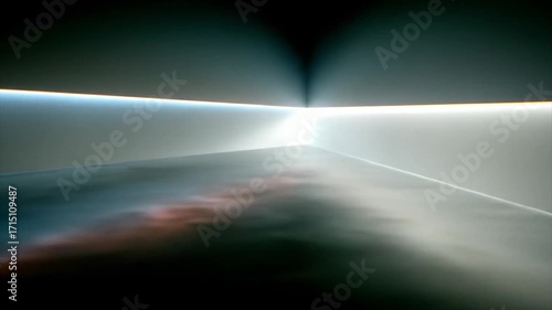 A dramatic perspective within a dark, architectural space, illuminated by vibrant hues of light and shadow.