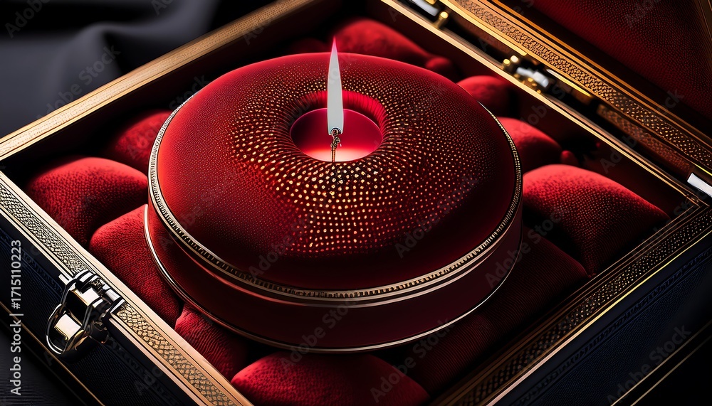 Obraz premium A hyperrealistic close-up captures a luxurious, lit red candle nestled in a velvet-lined wooden box, radiating warmth and elegance