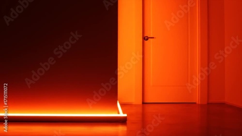 An interior room bathed in vibrant orange light, showcasing a single door and a neon light strip.