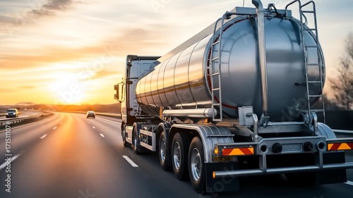 Fuel Tanker Truck Transporting Liquid Cargo on Highway at Sunset