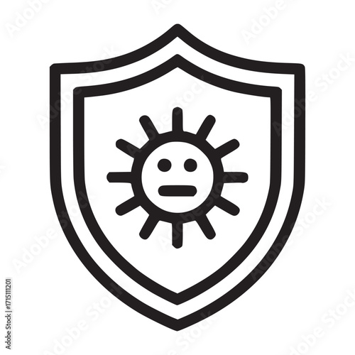 Vector art of shield with sun icon represents protection from harmful sun exposure, uv rays, and sunburn symbolizes safety, defense, and skincare