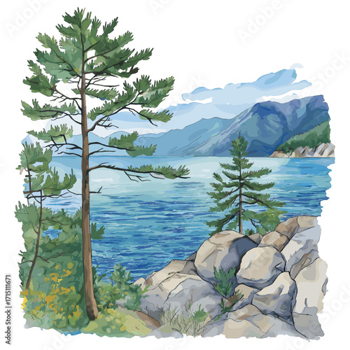 Lake Baikal. Lake Baikal watercolor vector illustration