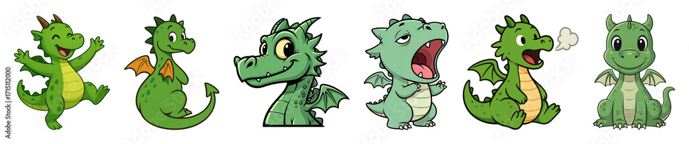 Fototapeta premium Green cartoon dragon set including various expressive and playful poses isolated. Whimsical fantasy characters for kids.