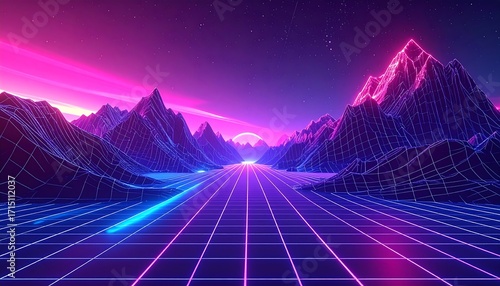 A vibrant digital landscape with a glowing grid path, mountains silhouetted against a gradient pink-purple sky, and a setting sun