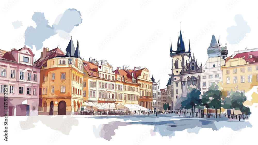 Obraz premium Old Town Square in Prague. Old Town Square in Prague watercolor vector illustration