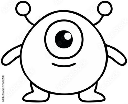 Cute round cyclops monster cartoon with single big eye and antennas, funny alien creature illustration for kids coloring books, fantasy character design and playful mascot art