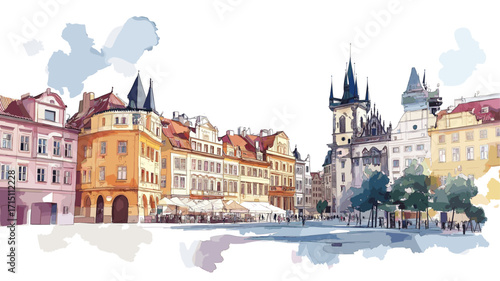 Old Town Square in Prague. Old Town Square in Prague watercolor vector illustration