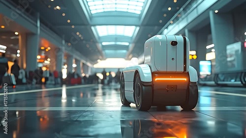 A white autonomous robot luggage carrier navigates a modern airport terminal filled with people.