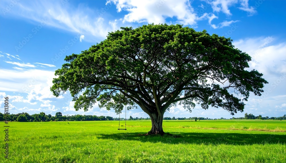 Obraz premium Lush Tree in a Rice Paddy Field