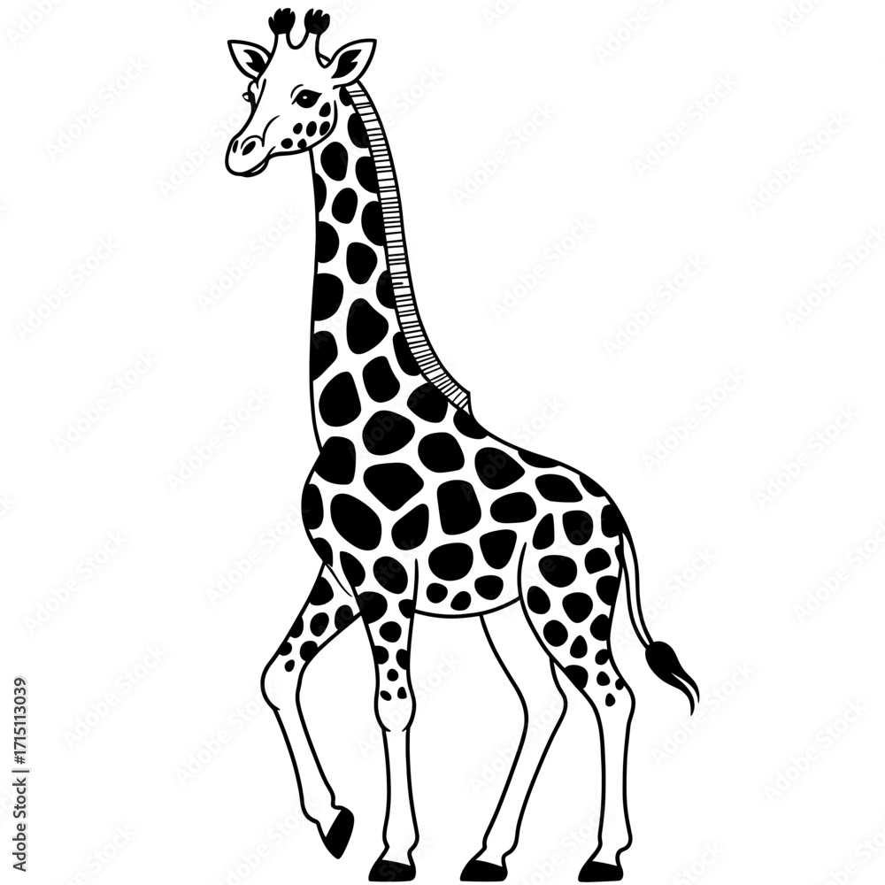 Naklejka premium Giraffe walking gracefully in a simple black and white illustration showcasing its unique spots and tall neck