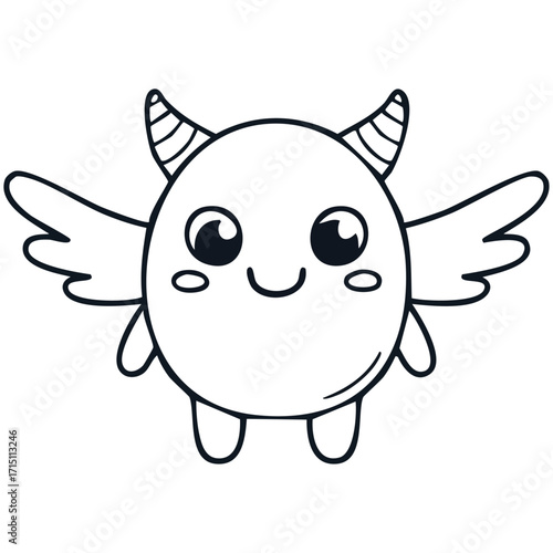 Cute round cyclops monster cartoon with single big eye and antennas, funny alien creature illustration for kids coloring books, fantasy character design and playful mascot art