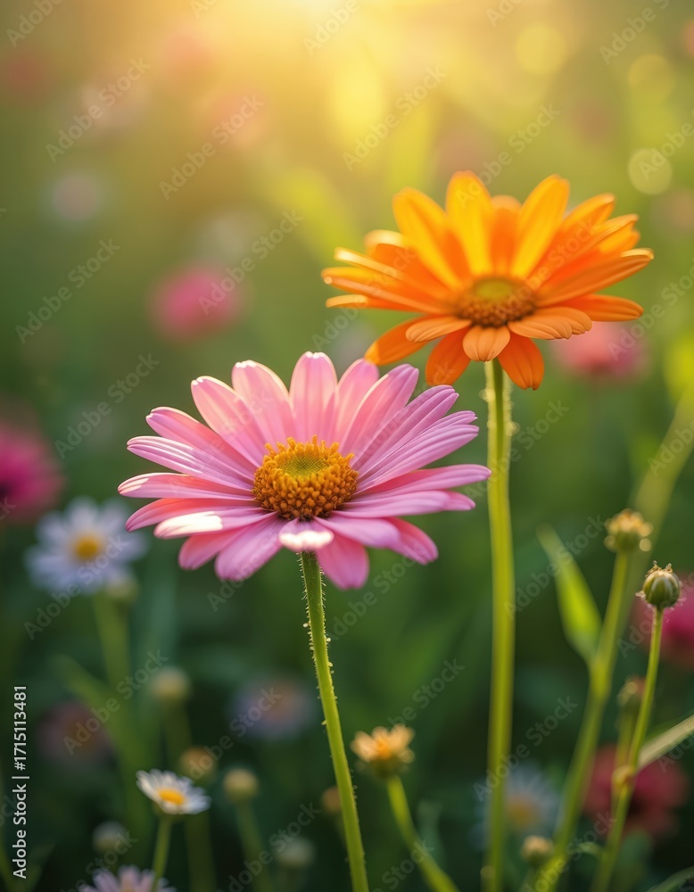 Obraz premium Two daisies, pink and orange, bloom in a sunlit meadow. Soft bokeh background with green and yellow hues. Focus on flora, petals, and summer season beauty. Inspirational nature scene.