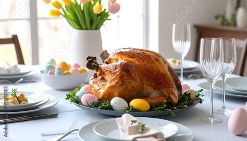 Roasted Turkey Easter Feast:  Elegant Table Setting with Pastel Eggs