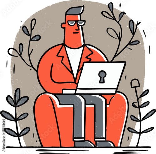 a cartoonish man in an orange suit sitting in a chair with a laptop, surrounded by plants.