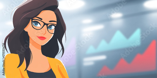 a cartoonish woman with long dark hair and blue eyes wearing glasses.
