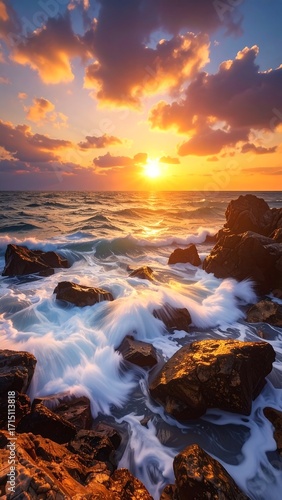 Dramatic sunrise over stormy sea