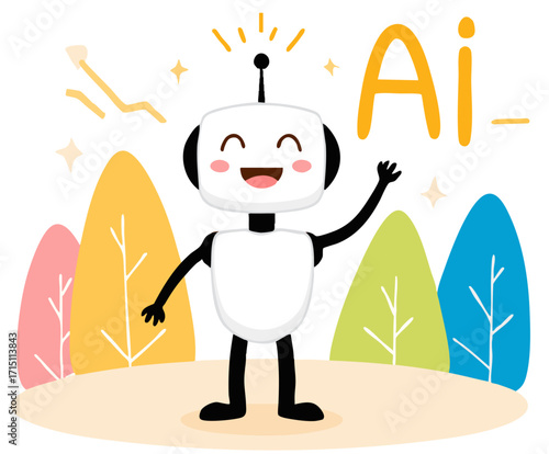a cute cartoon robot with a happy expression standing amongst colorful surfboards