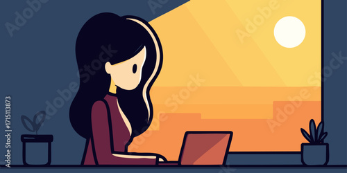 a digital illustration of a girl working on a laptop with a sunset background