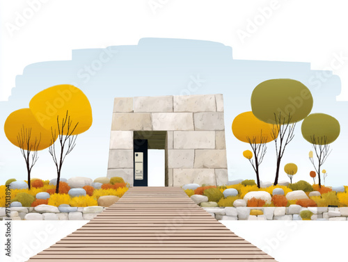 a pathway leading to a stone structure surrounded by colorful trees