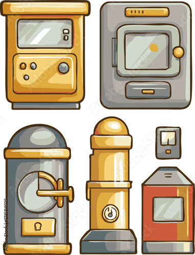 four cartoon-style devices including a computer, a mailbox, and a fire hydrant