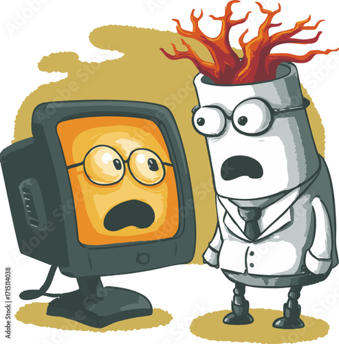 two cartoon characters depicting a computer monitor with a yellow face and a surprised expression, one character is taller than the other.