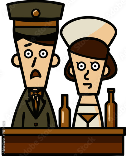 two cartoon characters wearing hats, sitting at a table with bottles