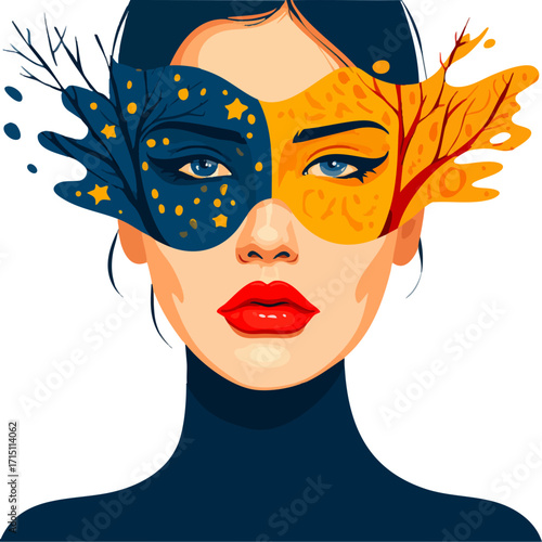 a stylized portrait of a woman with a unique mask featuring star-shaped designs