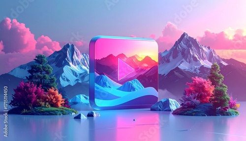 Vibrant 3D digital art of a play button graphic on a colorful, mountainous island landscape