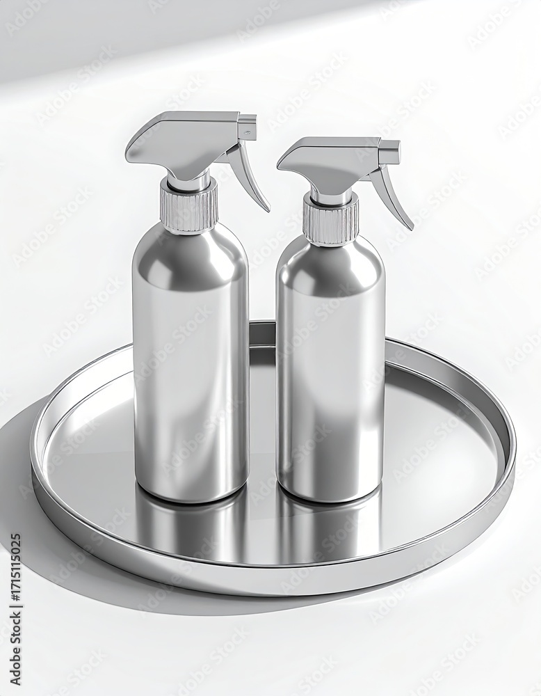 Obraz premium Two sleek, silver metal spray bottles rest on a circular, reflective tray, illuminated by soft, diffused light