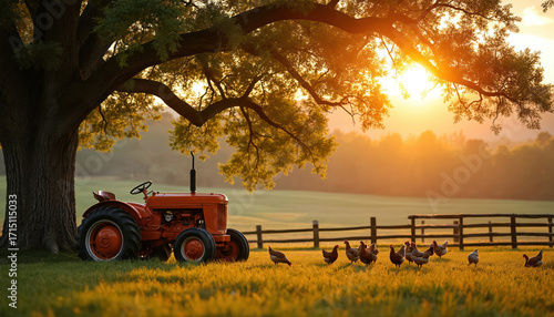 Fototapeta Naklejka Na Ścianę i Meble -  Tranquil farm landscape at sunset with vintage tractor, chickens grazing in golden hour light. Rustic countryside scene evokes peaceful serenity. Mature tree provides shade over grassy meadow with
