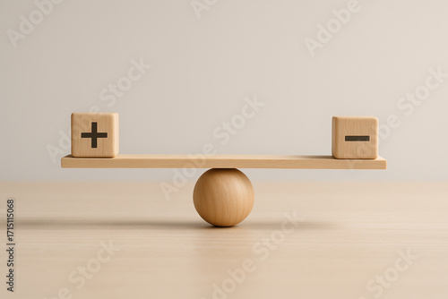 Plus and Minus on Balanced Wooden Scale, Pros and Cons Concept