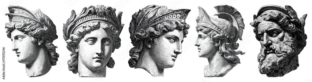 Obraz premium PNG Ancient Greek sculpture heads, element set on transparent background