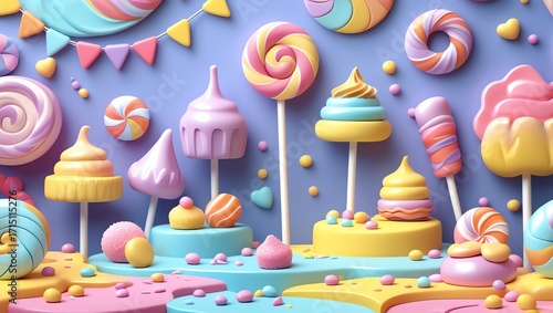 A vibrant 3D rendering of assorted colorful candies and sweets