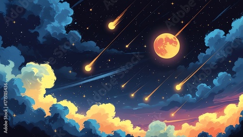 A vibrant night sky with a large moon shooting stars and dramatic clouds