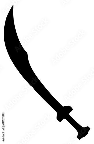 Black silhouette of a curved sword with a distinct hilt, depicted against a white background.