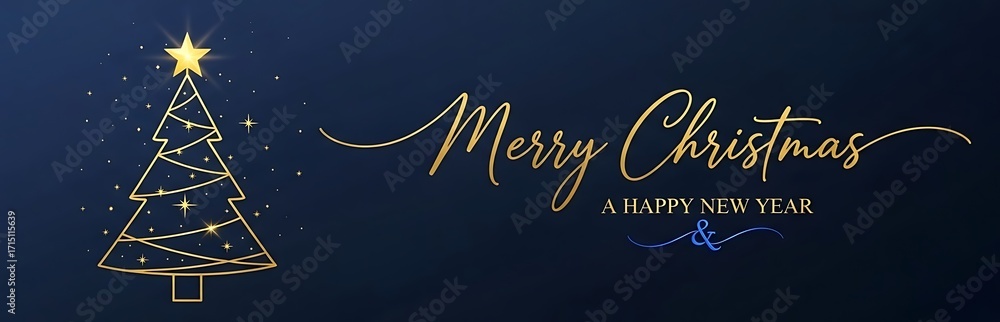 Naklejka premium Elegant merry christmas and happy new year banner with golden christmas tree and starry background