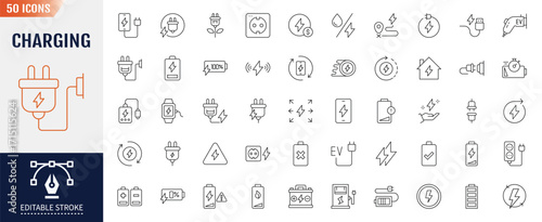 Charging Line Icons set. Containing battery, energy, charger, and more. Editable stroke. Vector illustration