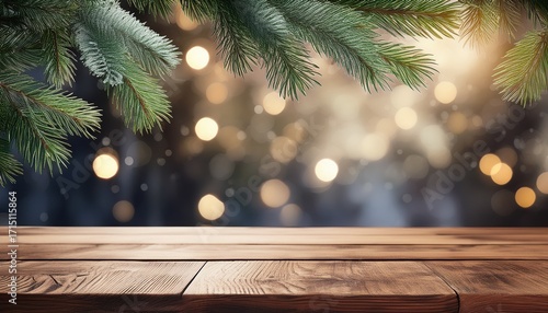 Festive Winter Backdrop Featuring Pine Tree Limbs On A Wooden Table