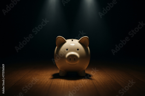 Ceramic Piggy Bank under Spotlights, Personal Finance Concept