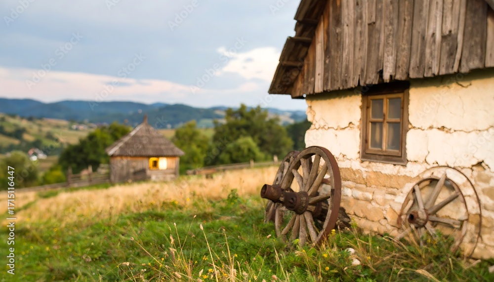 Obraz premium Rustic wooden house and wagon wheel in a rural landscape