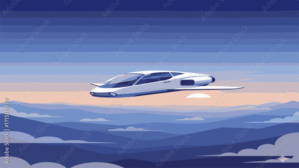 Fototapeta premium Vector illustration of a futuristic flying car, modern transportation concept in a clean and minimal style, representing innovation and the future of urban mobility