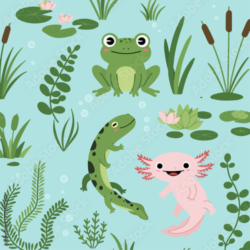 A vibrant and whimsical illustration featuring a happy frog, a green newt, and a pink axolotl swimming amongst aquatic plants and lily pads.