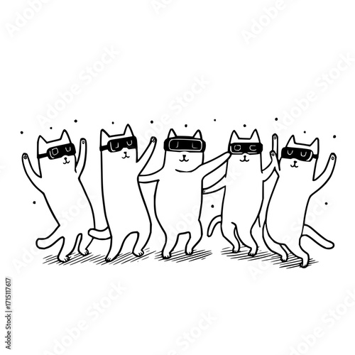 A whimsical illustration of five cats wearing vr headsets and dancing in a playful manner together