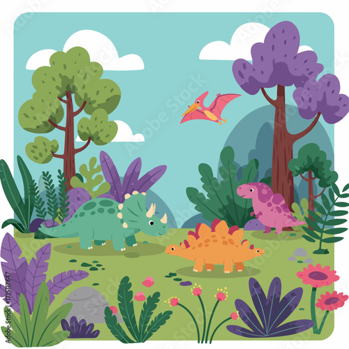 A vibrant cartoon illustration of a prehistoric landscape filled with various dinosaurs and lush vegetation under a clear blue sky.