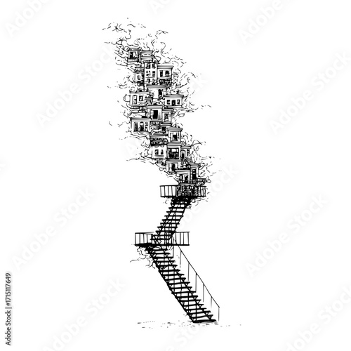 Drawing of a staircase leading up to a cluster of houses with a sketchy and surreal presentation style